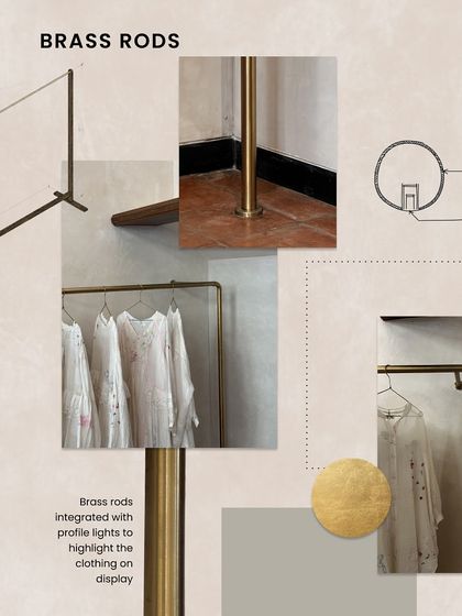 A mood board detail for the Eka store, focusing on the custom brass rods for clothing display. We designed them with integrated profile lights to highlight the garments, combining functionality with an elegant aesthetic.