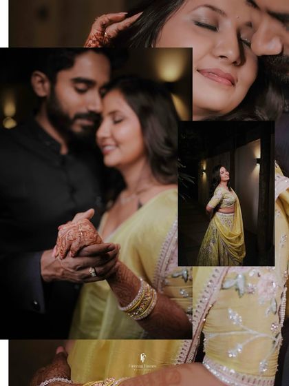 A collage of intimate moments from an engagement, focusing on the couple's hands, smiles, and gentle embraces.