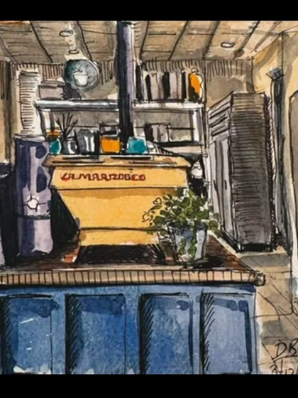 A watercolour sketch of a coffee machine at a cafe, part of a series reflecting on my art journey through the year.