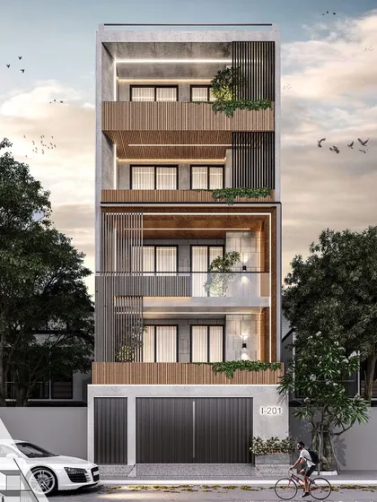 An upcoming residential project featuring vertical screens and integrated planters. The design uses wooden louvers to provide shade and privacy while adding a natural, rhythmic element to the façade.
