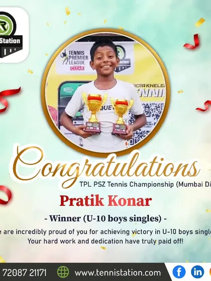 Congratulations to Pratik Konar for winning the U-10 Boys Singles at the TPL PSZ Tennis Championship in Mumbai. Your dedication is inspiring!