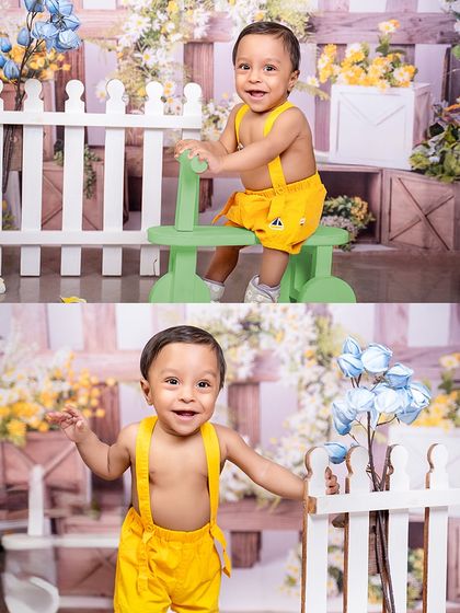A collage of a happy boy in a garden. Dressed in bright yellow overalls, he's having a wonderful time exploring the floral-themed setup.