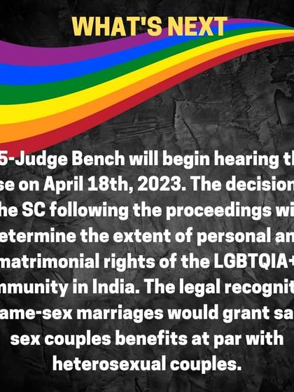This post outlines the next steps in the legal proceedings for marriage equality, with the 5-judge bench set to determine the extent of personal and matrimonial rights for the LGBTQIA+ community in India.