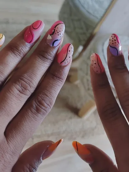 Recreating a fun and colorful Pinterest design. This abstract look uses multiple colors, dots, and lines for a unique and eye-catching manicure.