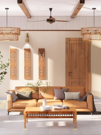 A render of the living room, highlighting the use of cane and teakwood furniture, curated Indian artwork, and the warm play of sunlight. Every detail is chosen to reflect timeless Indian aesthetics in a contemporary home.