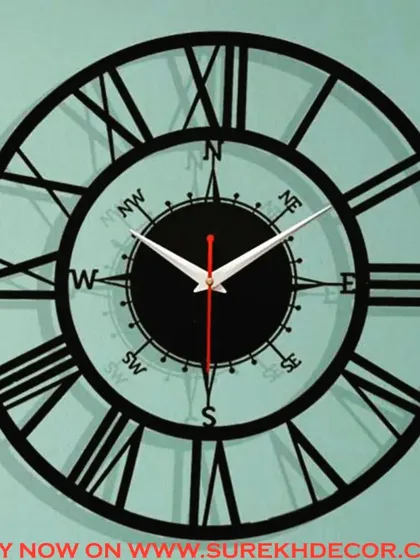A variation of our compass clock, this design features white hands for high contrast and readability. The classic Roman numerals and directional points make it a handsome and intriguing addition to an office or study.