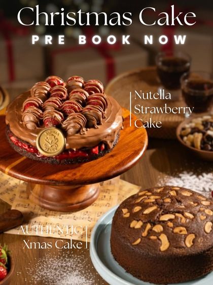 Can't decide on a Christmas cake? Choose between our traditional, authentic Xmas Plum Cake and our viral bestseller, the Nutella Strawberry cake. Pre-booking is essential.