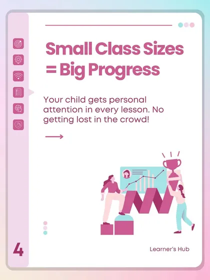 I believe that big progress happens in small classes. This visual highlights our commitment to small batch sizes, which guarantees that your child receives personal attention in every lesson. This way, no student ever gets lost in the crowd and can build their skills with direct support.