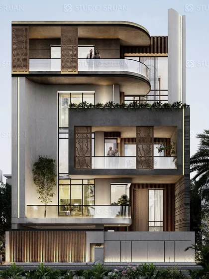 A residential design for a plot in Suncity, Gurgaon. The facade is defined by elegant curves on the balconies and extensive use of wood-look slats and decorative screens (jalis).