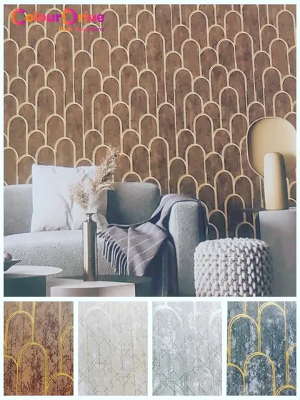 This Art Deco-inspired wallpaper with its repeating arch pattern adds a touch of vintage glamour to a modern living room. The bold brown and gold design creates a striking accent wall.