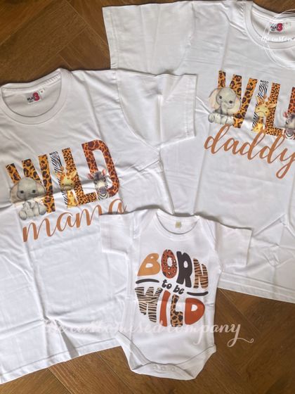 Celebrate a little one's milestone birthday with matching family t-shirts. This "Wild" theme set includes shirts for "Wild Mama," "Wild Daddy," and a "Born to be Wild" onesie for the birthday star.