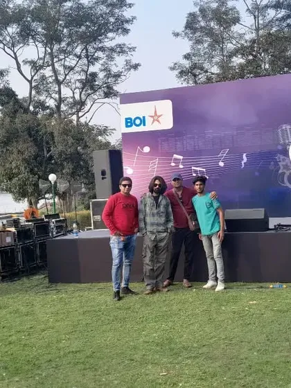 An outdoor stage setup for a corporate event for Bank of India. We can perform in any setting, from indoor ballrooms to open-air venues, complete with our own sound and lighting arrangements.