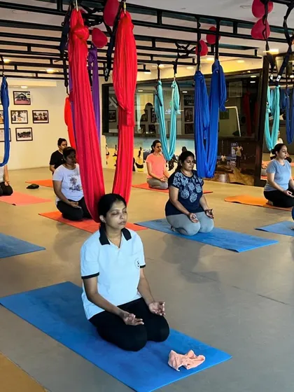 A guided meditation session in progress at my HITYOGA studio. I create a calm and focused environment for teams to disconnect from workplace stress and learn techniques for mental clarity and relaxation.