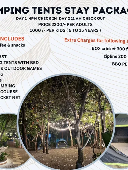 Here’s a quick look at what my standard camping package includes. I've packed it with activities like trekking, games, and more, plus all your meals, to make your stay easy and full of fun.