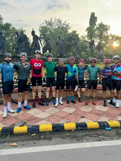 The group posing for a photo at our usual spot after the birthday ride.