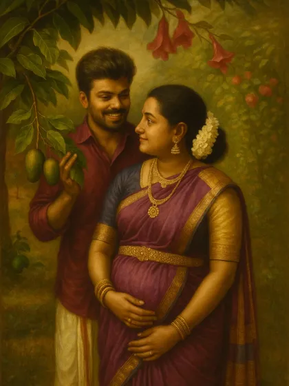 A painterly portrait of a couple in a garden setting. The husband offers mangoes to his wife, creating a sweet, narrative-driven image with a classic, artistic feel.