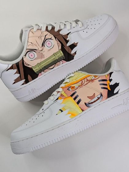 An unusual but awesome anime crossover featuring Naruto Uzumaki and Nezuko Kamado. The client wanted her two favorite characters, and I created this "ripped" effect to make them burst out of the shoe.