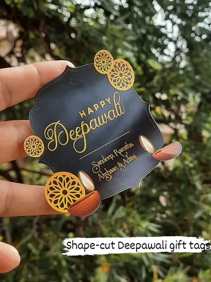 It's all in the details. These shape-cut Deepawali gift tags with gold foil are a perfect example of how a small touch can elevate your entire gift. I can customize them with names to make your presents feel extra special.