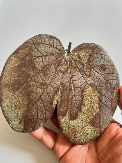 This piece of wall art is made from a real Bauhinia leaf, pressed into the clay to capture its unique twin-lobed shape and intricate texture.