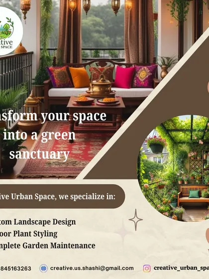 This graphic serves as my digital business card, outlining my specializations. I offer custom landscape design, indoor plant styling, and complete garden maintenance to transform any space into a green sanctuary.