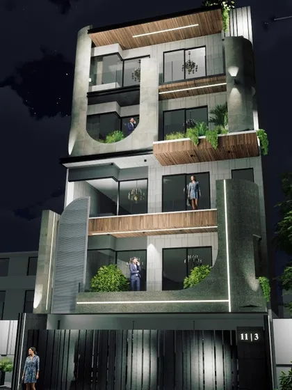 This facade design explores the interplay of curves and voids within a concrete structure. The rounded openings and cantilevered balconies create a soft, organic modernism, while integrated lighting accentuates the unique geometry at night.