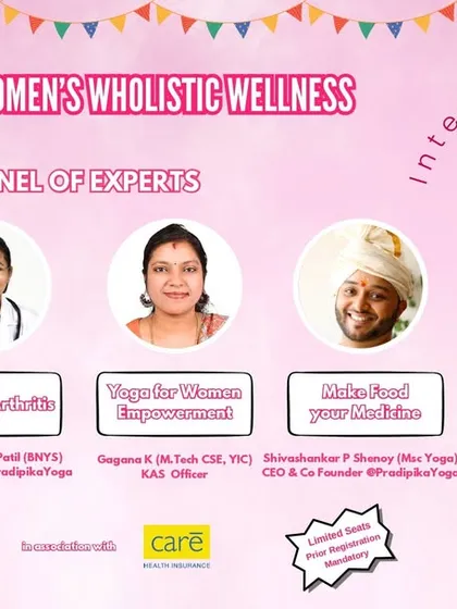 This is the official event poster for our 2025 International Women's Day seminar on the "Yogic Approach to Women's Wholistic Wellness". The panel of experts will discuss practical yoga applications for PCOS, pregnancy, and women's empowerment, along with nutrition advice.