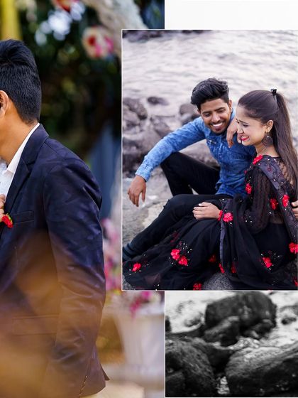 A collage of pre-wedding photos that mix candid, playful moments with more posed, romantic shots, showing the variety I can capture in a single session.