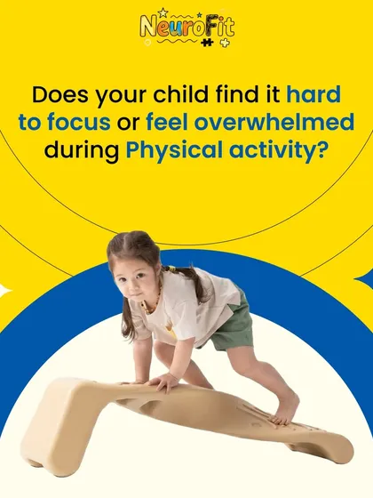 Does your child find it hard to focus or feel overwhelmed during physical activity? This is a common challenge we help address. Here, a child engages with a balance board, an activity that improves focus and motor control in a playful way.