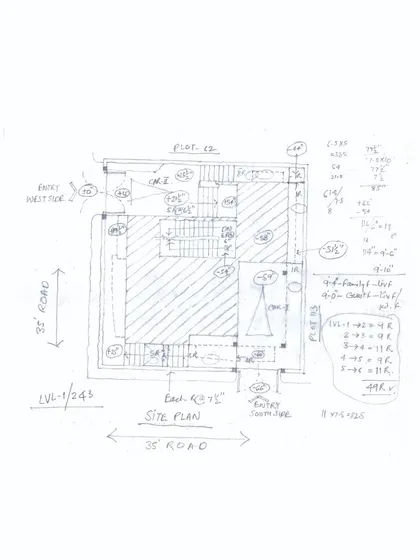 A hand-drawn site plan for 'Nachiar Illam', mapping out the building's footprint, entry points, and relationship to the roads on a challenging corner plot.