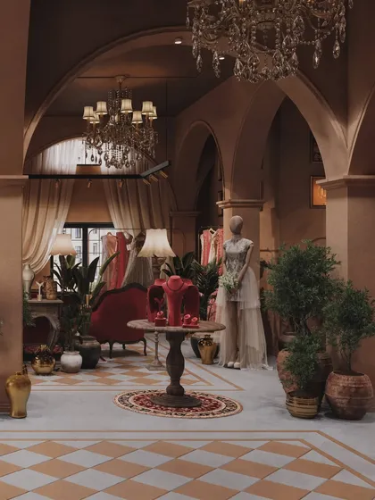 This render captures the romantic, old-world charm of the boutique, with its arched doorways and abundance of plants.