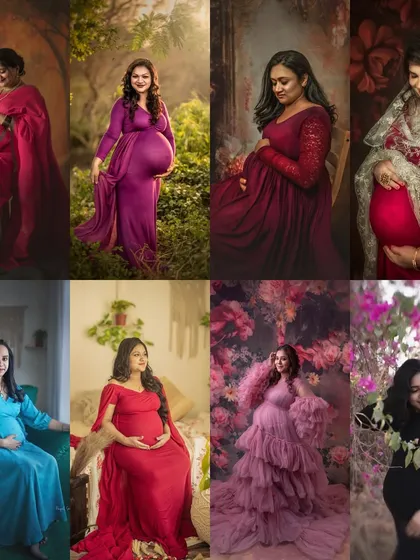 This collage showcases the wide variety of maternity looks I offer, from traditional Indian wear and outdoor nature shoots to glamorous studio gowns and cozy boho sessions.
