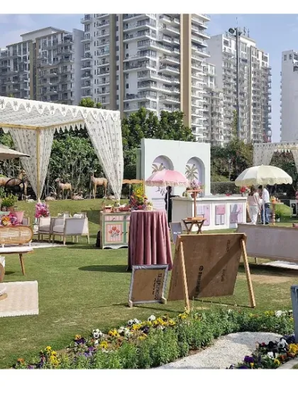 A wide shot of the entire event layout, showing the different zones we created, including lounge areas, cocktail tables, and the main bar, all unified by a consistent design theme.