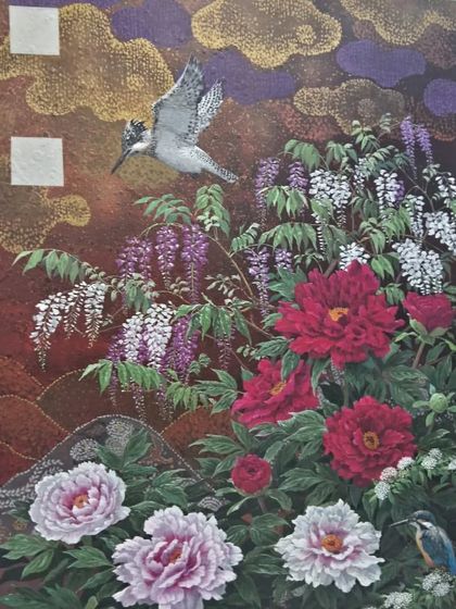 A detailed painting of flowers and birds by Kohji Kanazawa, demonstrating the artist's delicate brushwork and appreciation for nature.