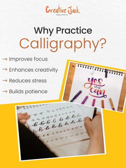 This graphic lists the benefits of practicing calligraphy, such as improving focus, reducing stress, and building patience, with examples of student work.