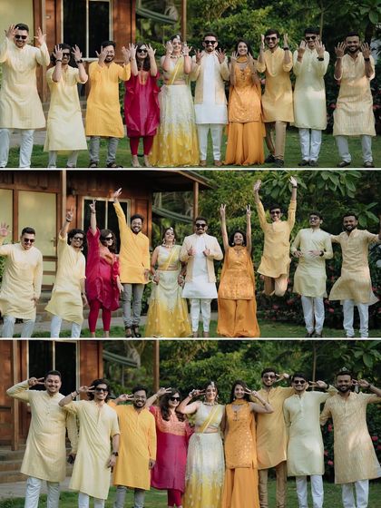 The whole squad joins in for the Haldi fun. We love capturing these group photos that show the couple surrounded by the love and energy of their closest friends and family.