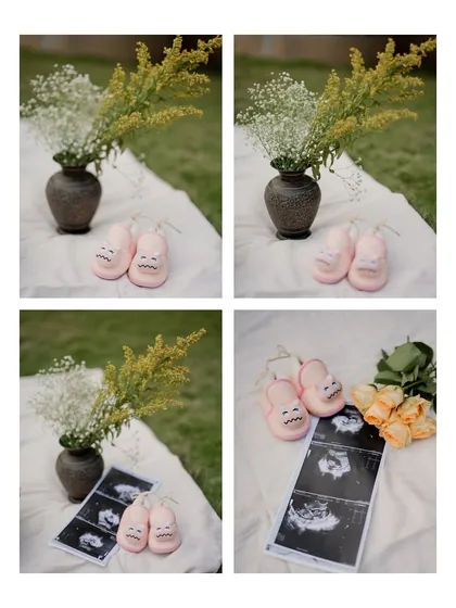 It's all about the little details. I love creating artistic flat lays that tell your story, incorporating personal items like your baby's first sonogram pictures and their tiny shoes.