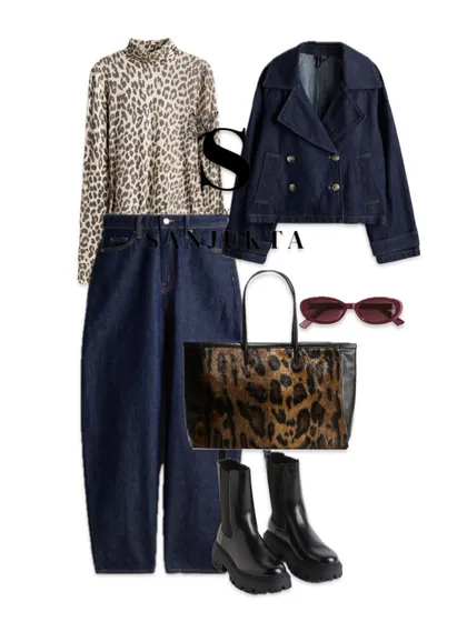 For a bolder fall look, I've mixed textures and prints. This digital lookbook shows how to style a denim-on-denim outfit with a leopard print top and accessories for a confident and fashion-forward statement.