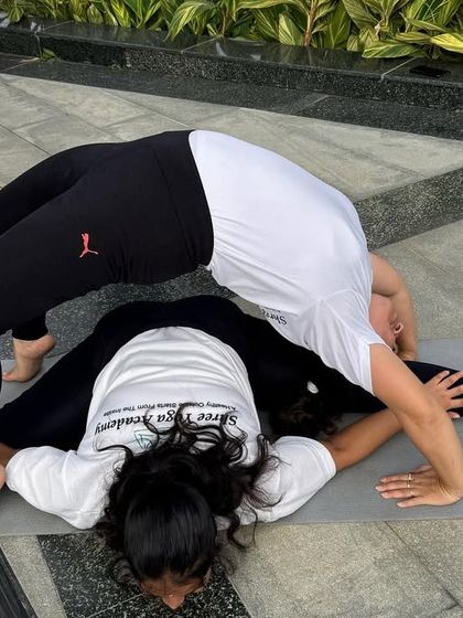 This partner pose combines a deep forward fold (Upavistha Konasana) with a full backbend (Chakrasana). It's an advanced expression of flexibility and mutual support.