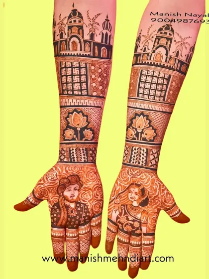 A complete bridal mehndi is a masterpiece of patience and skill. This design features detailed portraits and architectural elements, showcasing the level of artistry you can achieve. My professional course is designed to get you to this level.