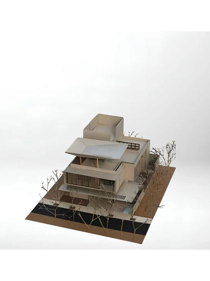 An axonometric view of the Akiri Residence model, providing a clear understanding of the building's three-dimensional form and roof structure.