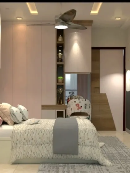 This view shows the feature wall with a mountain mural, adding a touch of adventure to the room's decor.
