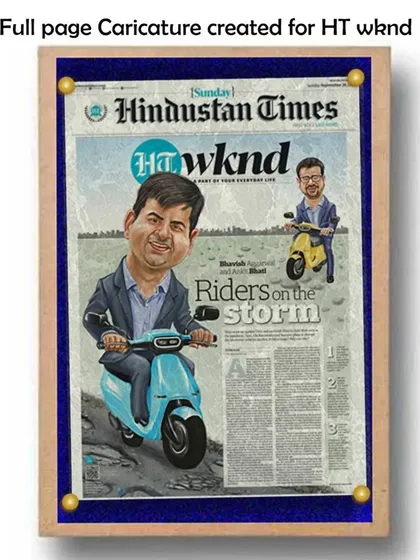 A full-page caricature for HT Weekend on the electric scooter boom.