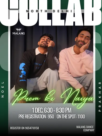 We frequently host collaborative workshops with guest choreographers like Noel and Prakhar. This poster announces a special Bollywood freestyle session, offering students a chance to learn unique choreography from different industry artists.