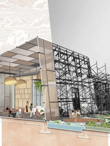A conceptual drawing of an Experience Center, showing a cross-section of the architectural volumes and parametrically designed facades. This is where innovation and functionality meet.