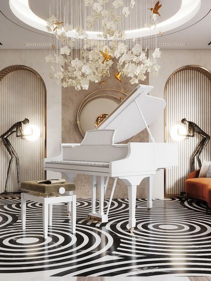A music and sitting room where a grand piano is the centerpiece. The render is defined by its bold, hypnotic flooring and a delicate, bird-themed chandelier, showcasing our flair for creating imaginative and artistic interiors.