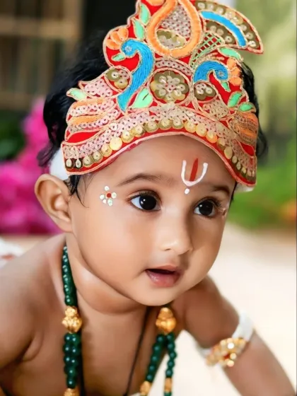 An extreme close-up showcasing the beautiful, expressive eyes of a baby dressed as Krishna, with the intricate crown details in full view.