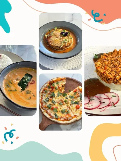 A collage of our gourmet offerings for parents, including Thai curry, pizza, and shepherd's pie.