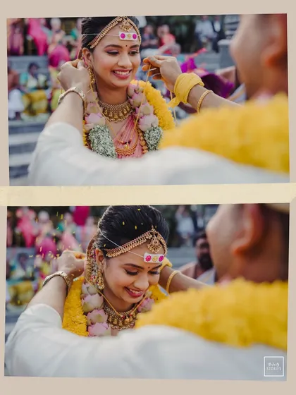 A collage of the bride's joyful expressions during the ceremony. These candid moments of happiness are what make wedding memories so special.