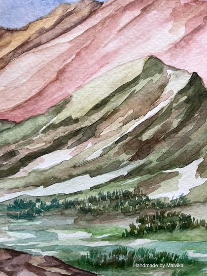 A close-up detail of a watercolor mountain range, focusing on the textures of the snow-dusted peaks against a pink-hued sky. I love exploring how colors can create mood and atmosphere.