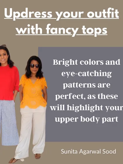 A pro-tip for pear shapes: updress your outfit with fancy tops. Bright colors and eye-catching patterns will highlight your upper body.
